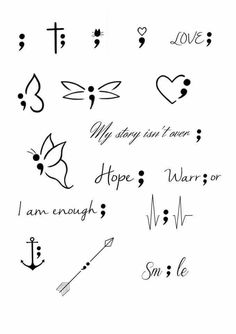 an image of some tattoos on the back of a white sheet with words and symbols