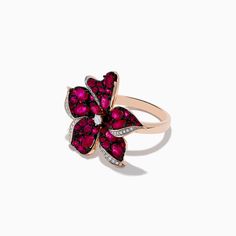 Ruby Royale 14K Rose Gold Ruby and Diamond Flower Ring Rose Gold Flower Diamond Ring Fine Jewelry, Fine Jewelry Rose Gold Diamond Flower Ring, Formal Flower Shaped Rings With Rose Design, Formal Flower-shaped Ring With Rose Design, Formal Rose Flower Shaped Rings, Formal Flower-shaped Rose Design Ring, Formal Rose Flower Rings, Formal Rose Colored Flower Shaped Rings, Formal Flower Shape Rose Design Ring