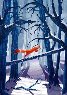 a painting of a red fox in the woods with snow on the ground and trees