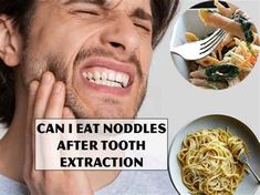 a man is smiling and eating noodles with the caption can i eat noodles after tooth extraction?