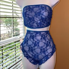 Cobalt Blue Lace Bandeau Set Panties Are High Waist If Curvy I Recommend Going Up 1 Or 2 Sizes Fitted Blue Sleepwear With Built-in Bra, Blue Fitted Strapless Bra, Blue Stretch Bra For Loungewear, Strapless Bralette, Free People Bralette, Black Bandeau, French Silk, Lace Bandeau, Lace Strapless