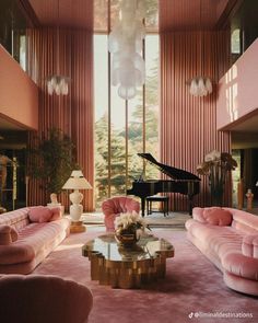 a living room filled with pink couches and a grand piano in the middle of it