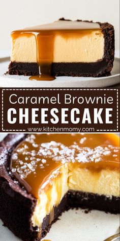 caramel brownie cheesecake on a white plate