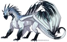 a white and black dragon with long wings