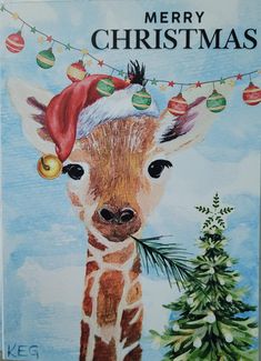 a christmas card with a giraffe wearing a santa hat and ornaments on it