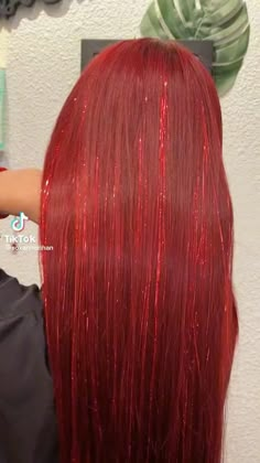 Tinsel In Red Hair, Red Hair With Tinsel, Unique Red Hair Color Ideas, Hair Tinsel Red Hair, Red Extensions Hair, Red Hair With Extensions, Red Hair Bratz, Red Hair Tinsel, Valentines Hair Color