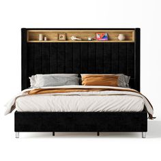 a bed with a black headboard and two shelves above it that have books on them