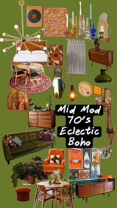 a collage of furniture and decor items with the words mid mod's eclectic boho