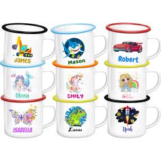 six different colored mugs with cartoon characters on the sides and names in each cup