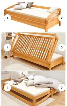 the bed frame is made out of wood and has two pillows on it, while the mattress