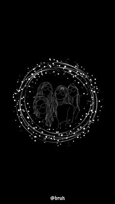 a black and white drawing of two people in a circle with stars around them on a dark background