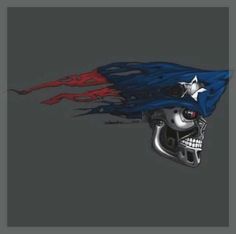 a skull with a bandana on it's head is shown in red, white and blue