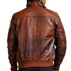 Men's bomber leather jacket is the symbol of style with it's chic hand-waxed finishing. This brown leather jacket is made with finest quality real leather Outfit Type: Bomber Leather Jacket Material: Real Leather Inner: Viscose Color: Brown Zipper: YKK Collar: Shirt Collar Sizes available from size XS to 5XL. Refer to our SIZE CHART in PHOTO SECTION. Rugged Brown Leather Jacket With Leather Lining, Distressed Brown Leather Biker Jacket, Vintage Brown Leather Biker Outerwear, Masculine Leather Jacket, Distressed Brown Leather Outerwear For Winter, Retro Distressed Brown Leather Jacket For Winter, Brown Leather Outerwear For Streetwear, Casual Vintage Brown Leather Biker Jacket, Leather Jacket For Men