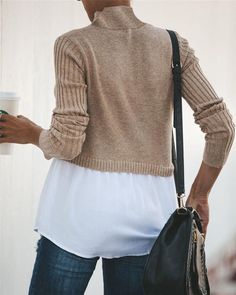 Half Sweater T-shirt Look – Fashionsarah.com Spring Turtleneck With Ribbed Cuffs And Long Sleeves, Winter Turtleneck For Layering, Turtleneck Cardigan For Layering, Casual Spring Turtleneck With Ribbed Cuffs, Fall Turtleneck With Ribbed Cuffs For Layering, Beige Long Sleeve Turtleneck With Ribbed Cuffs, Solid Turtleneck For Fall Layering, Casual Soft Knit Long Sleeve Turtleneck, Solid Color Turtleneck Sweater For Spring