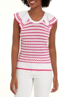 Updated with feminine flutter sleeves, this striped sweater from Crown & Ivy adds cozy style to your wardrobe. | Crown & Ivy Women's Ruffle Sweater, X-Large Striped Pointelle Knit Top For Summer, White Ruffled Knit Top For Spring, White Ruffled Knit Top For Summer, Striped Textured Knit Top For Spring, Striped Stretch Knit Top For Spring, Striped Knit Tops For Spring, Trendy Striped Knit Top For Spring, White Ruffle Top, Ruffle Sweater