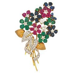 Journey back in time to the opulent 20th century with this exquisite Emerald, Ruby, Sapphire, and White Diamond Bouquet Brooch. A harmonious medley of gemstones adorns this vintage masterpiece, with vibrant emeralds, deep rubies, brilliant sapphires, and scintillating white diamonds uniting in a breathtaking bouquet. This brooch showcases a remarkable 2.69 carats of white diamonds, providing a brilliant backdrop for the captivating 10.73 carats of colorful gemstones. Weighing a substantial 22.7 grams, it exudes an aura of timeless elegance and craftsmanship reminiscent of a bygone era. Wearing this brooch is not just a fashion statement; it's a connection to history. It's a testament to the enduring beauty and grandeur of the 20th century, encapsulated within the fine details of its design Diamond Bouquet, Remarkable 2, Colorful Gemstones, Bouquet Brooch, Brooch Bouquets, Ruby Sapphire, Flower Tops, Back In Time, White Diamonds