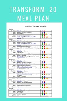 Transform 20 Meal Plan A- Jan 20 Easy Low Carb Meal Plan, Fat Burning Meal Plan, Healthy Meatloaf, Snack Wrap, Keto Grocery List, Beachbody Recipes, Fat Burning Workout Routine, Grapefruit Diet, Easy Diet Plan