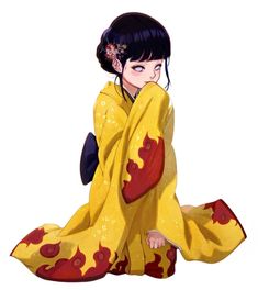 a woman sitting on the ground wearing a yellow and red kimono with flowers in her hair