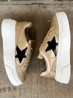 The Gold Standard Sneakers | gussieduponline Sneakers Trending, Shoes Trending, Shoes Star, Gold Sneakers, Trending Sneakers, Style Upgrade, Star Sneakers, Gold Lace, Star Design