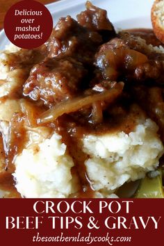 crock pot beef tips and gravy on a white plate with text overlay