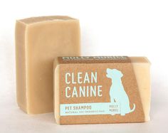 a bar of soap with a dog on it next to another bar of soap that says clean canine