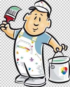 a cartoon man holding a paint can and a brush in his hand, while wearing an apron