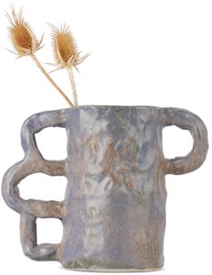 two dried flowers in a ceramic cup on a white background