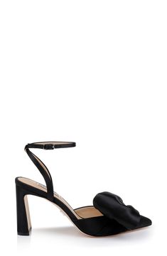 An asymmetric vamp bow adds contemporary dimension to an elegant satin pump framed by a pointy toe and demi block heel. 3 1/2" heel Adjustable ankle strap with buckle closure Memory foam cushioning Textile upper/leather lining and sole Imported Satin Pumps, Badgley Mischka, Black Satin, Women's Pumps, Ankle Strap, Block Heels, Memory Foam, Nordstrom, Pumps