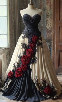 a black and white dress with red roses on it