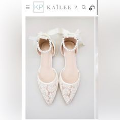 a pair of white shoes with bows and pearls on the heel are featured in an ad for kallee p o