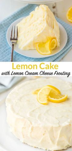 a lemon cake with cream cheese frosting on a white plate