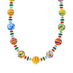 Ross-Simons - Italian Multicolored Murano Glass Bead Necklace, 18kt Yellow Gold Over Sterling. 20". Bursting with bright colors and fun designs, this Murano glass bead necklace is where the party's at! Ranging in size, the multicolored Murano glass beads are spaced by 4-5mm 18kt yellow gold over sterling silver beads. Finishes with an 18kt yellow gold over sterling silver lobster clasp with a 2" extender. Handcrafted in Italy. Murano glass beads are unique and may vary. Multicolored Murano glass Multicolor Murano Glass Spacer Beads, Multicolor Single Strand Round Jewelry, Multicolor Murano Glass Necklace With Spacer Beads, Polished Multicolor Murano Glass Beads, Multicolor Single Strand Glass Jewelry, Multicolor Glass Bead Necklaces, Multicolor Single Strand Beads, Multicolor Murano Glass Necklace With Large Beads, Multicolor Murano Glass Necklaces With Large Beads