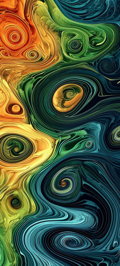 an abstract painting with different colors and patterns on it's surface, as well as swirls