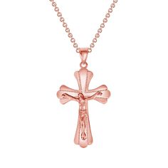 Let your genuine, true faith shine out with this expertly handcrafted solid gold crucifix pendant. This polished Crucifix is set against a textured background, the blend of the two captures the admirer's attention. Show off your spirituality with this crucifix! Product Information • Metal: 10k or 14k in Yellow/Rose/White Gold• Weight: 10k - 2.6 g. | 14k - 2.7 g. • Dimensions: 1.4" inches x 0.76" inches • Chain: Rolo Chain with Spring Ring Clasp - 1 g. SKU: QM316 Engraved Rose Gold Cross Jewelry, Gift Rose Gold Crucifix Cross Necklace, True Faith, Yellow Gold Pendants, Cross Pendant Necklace, Rolo Chain, Yellow Roses, Yellow Rose, Spring Rings