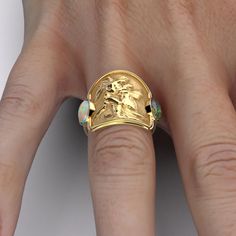 Indulge in luxury with the Love And Psyche Gold Ring. Crafted in ancient style from 14k or 18k solid gold, this Italian-made ring features two natural welo opals that add a touch of elegance and sophistication. Perfect for those with refined taste. 18mm wide on the top, 4,2 mm wide on the bottom side 14k or 18k Gold 0.5 Ct Welo Opal - Dimensions (mm) 7 x 5 x 2,5mm 0.5 Ct Smoked Welo Opal - Dimensions (mm) 7 x 5 x 2,5mm Italian Ring, Neutral Jewelry, Love And, Jeweled Earrings, Italian Jewelry, Ring Pendant Necklace, Welo Opal, Engagement Ring Wedding Band, Pendant Bracelet