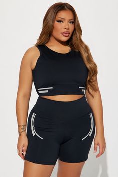 Available In Black. Active Top Scoop Neck Sleeveless Padded Cropped Active Biker Short High Waisted, Elastic Waistband Elevate Reflective Detail High Performance Stretch Body: 73% Polyester 27% Spandex Inner Mesh: 82% Nylon 18% Spandex Imported | Sprint Reflective Elevate Active Set in Black size XS by Fashion Nova Black Seamless Tank Activewear, Sleeveless Gym Crop Top With Built-in Bra, Black Activewear Crop Top With Built-in Bra, Black Crop Top Activewear With Built-in Bra, Black Stretch Tank Sports Bra, Sleeveless Black Seamless Activewear, Black Seamless Construction Crop Top Activewear, Black Sleeveless Sports Bra For Athleisure, Black Seamless Crop Top Activewear