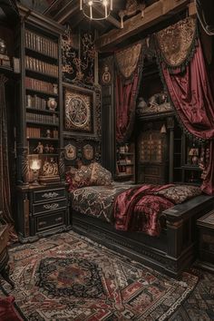 a bed room with a neatly made bed and lots of books on the shelves next to it