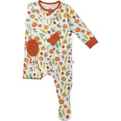 The perfect one-piece pajama to play all day or snooze the night away! Made from the softest cotton, with just enough stretch for a snug, safe fit for your babe. A double zipper makes diaper changes quick and quiet. No socks? No problem! Our footed PJ with non-slip grips keep those little toes covered! For family matching, pair with the Toddler PJ or Long Sleeve Bodysuit in Fall Harvest print. | Moon Breeze Mercantile | Double Zip Footed One Piece PJ, Fall Harvest Pumpkins (Prints, Size 18-24M) Cotton Long Sleeve Onesie For Sleep, Cozy Fall Onesie For Playtime, Organic Cotton Long Sleeve Sleepwear For Sleepover, White Organic Cotton Sleepwear For Bedtime, Cozy Fall Cotton Onesie, Cute Fall Sleepwear, White Organic Cotton Long Sleeve Sleepwear, Cotton Onesie For Playtime In Fall, Playful Cotton Onesie For Sleep