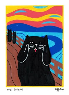 a painting of a black cat sitting on top of a wooden fence next to the ocean