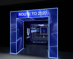 the entrance to route to 2050 is lit up with blue lights and an open door