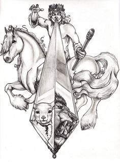 a drawing of a man riding on the back of a horse next to two horses