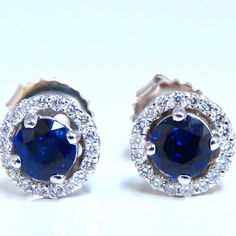 Cluster Halo Prime. .92 Carat Natural Round Sapphires. Royal Blue, Clean Clarity And Transparent. Diameter 4.3 Mm Each. .26ct Natural Round Diamonds. G Color Vs2 Clarity 14kt White Gold 1.8 Grams. Blue Sapphire Diamond Earrings With Brilliant Cut, Blue Gia Certified Diamond Earrings For Wedding, Blue Sapphire Diamond Earrings With Halo Setting, Blue Halo Diamond Earrings Luxury Style, Blue Halo Earrings For Formal Occasions, Formal Blue Halo Earrings, Blue Sapphire Diamond Earrings Gia Certified, Classic Blue Halo Earrings, Blue Brilliant Cut Diamond Earrings For Formal Events