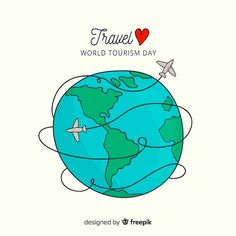 an airplane flying around the world with text that reads, travel world tourism day designed by freepik