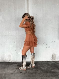 Boots And Dress Outfit Western, Western Romper Outfit, Fall Country Wedding Guest Outfit, Maternity Western Outfits, Casual Nashville Outfit, Country Dresses With Cowboy Boots, Western Date Night Outfit, Black Dress And Cowboy Boots, Cowgirl Boots And Dress Outfit