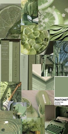 the collage shows many different green things in this photo, including an old typewriter and