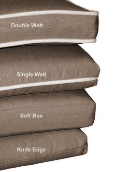 four pillows stacked on top of each other with the words single weltt, soft box and knife edge