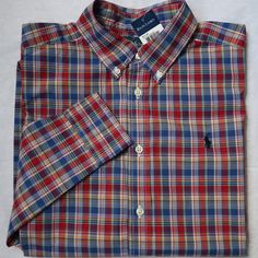 Brand New With Tag Ralph Lauren Boys (Young Men) Long Sleeve Shirt With Button-Down Collar In Size Large (14-16). Multi-Color Plaid (Red, Blue, Yellow, White) With Navy Polo Logo. L- 39" (98 Cm) Around Chest, 25" (63 Cm) In Length. 100% Cotton. Ralph Lauren Multicolor Spring Shirt, Ralph Lauren Red Button-up Top, Red Button-up Ralph Lauren Top, Ralph Lauren Red Collared Shirt, Fitted Multicolor Ralph Lauren Shirt, Red Ralph Lauren Collared Shirt, Red Collared Ralph Lauren Shirt, Red Casual Shirt With Placket, Casual Red Shirt With Placket