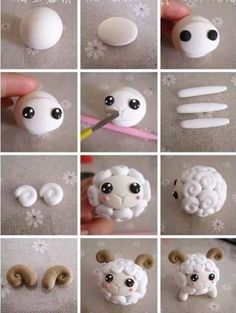 the instructions for making an adorable sheep brooch with polymer beads and fake hair are shown