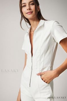 Lasaky - High-Waisted Retro Zipper Skinny Denim Jumpsuit for a Stylish and Seductive Look Designer Overalls, Denim Jumpsuits, Flare Jumpsuit, Designer Jumpsuits, Short Sleeve Romper, Womens Playsuits, Denim Romper, Denim Flares, Sleeved Romper