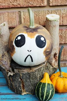 a pumpkin with a face painted on it sitting next to two gourds and a tree stump